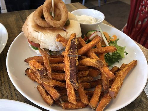 Burger with sweet potato fries and garlic mayo at No 18 Cafe in Swansea