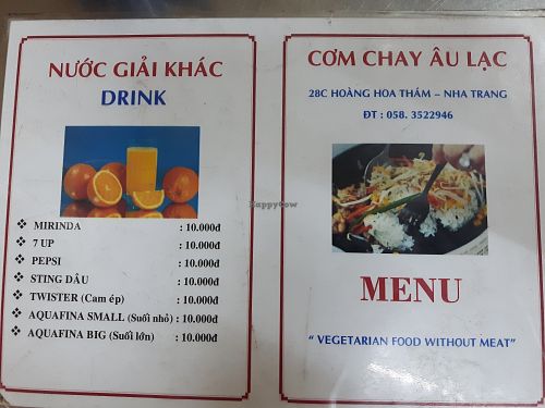 Menu front/back at Au Lac Chay - Hoagn Hoa Tham in Nha Trang