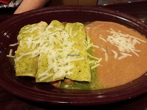 Vegan enchiladas with seitan and refried beans at Don Emiliano's Restaurante Mexicano in Ofallon