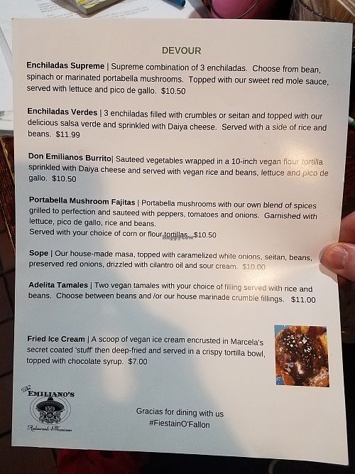 Vegan Night Menu at Don Emiliano's Restaurante Mexicano in Ofallon