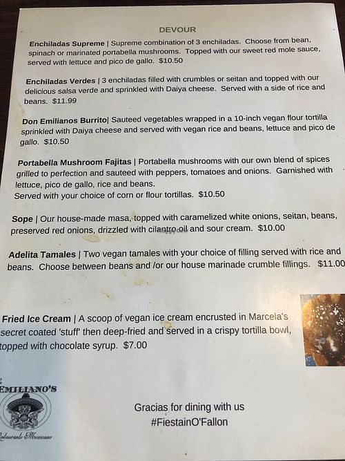 Vegan Menu - Back at Don Emiliano's Restaurante Mexicano in Ofallon