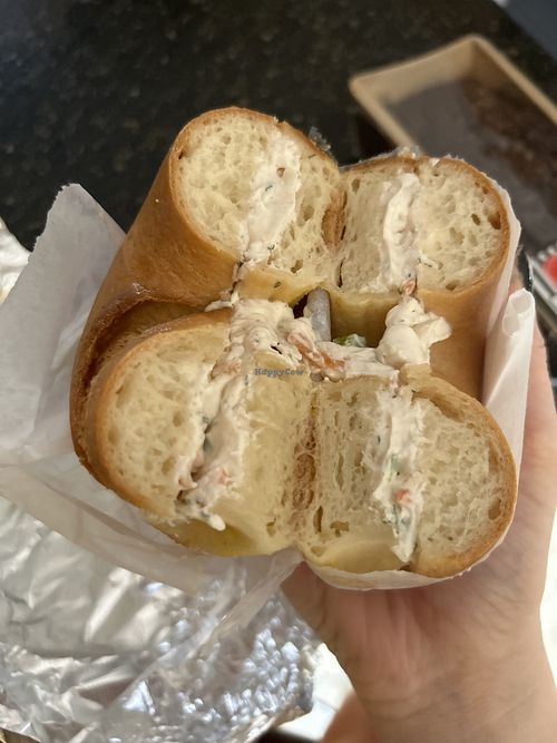 Plain bagel with veggie cream cheese   at Bare Naked Bakery in Bellmore
