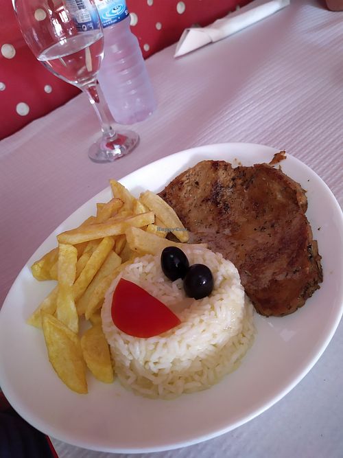 Kid's meal. Seitan steak. Love the finishing touch! at XL da Carlota in Quinta Do Conde