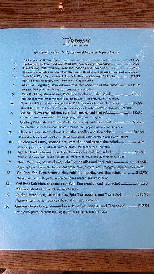menu (page 1)  at Toomies Thai Cuisine in Bend