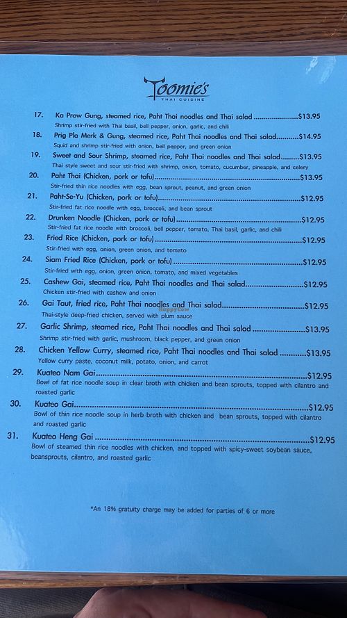 menu (page 2)  at Toomies Thai Cuisine in Bend