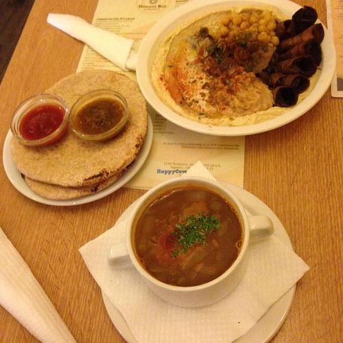 Hummus plate with pita, lentil soup at Hummus Bar - Hollan Erno in Budapest