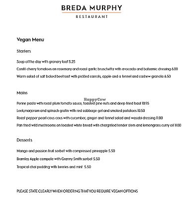 Vegan Menu at Breda Murphy Restaurant in Whalley