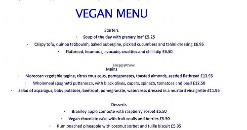 Screenshot of vegan menu, taken from the confirmation email. at Breda Murphy Restaurant in Whalley