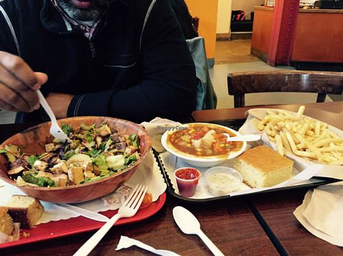 Sesame tofu salad, Vegetable soup with chili mix. Airbaked garlic fries. Cornbread was delicious, but not vegan. at Smart Alec's in Berkeley