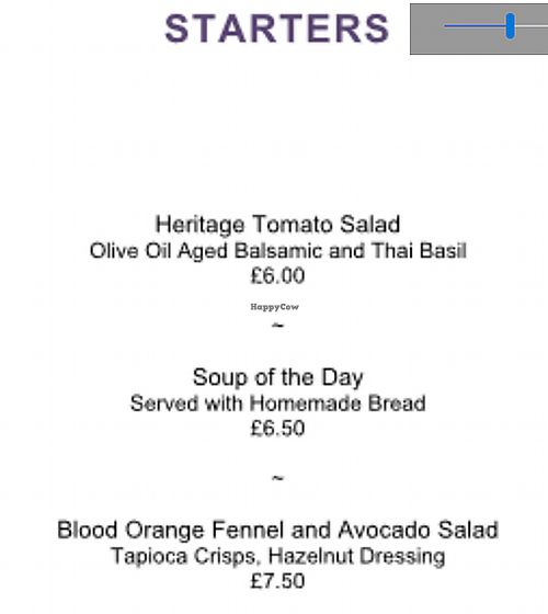 Starter Vegan Menu at Mitton Hall Hotel in Whalley