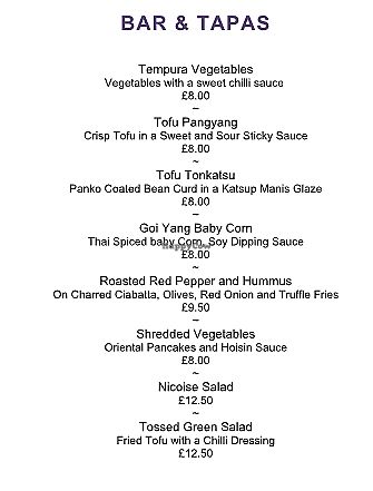 Bar & Tapas Vegan menu at Mitton Hall Hotel in Whalley