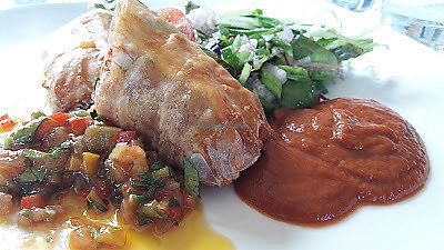 Moroccan chickpeas Wellington, tomato & saffron sauce & coriander relish at Mitton Hall Hotel in Whalley