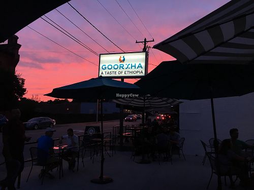 sunset view from outdoor seating  at Goorsha in Durham