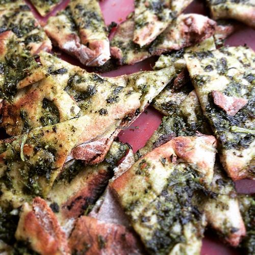 pesto crisps (vegan) - made using Scratch bakery flatbread and The Farmery's fresh made pesto. at The Farmery - Food Trailer in Durham