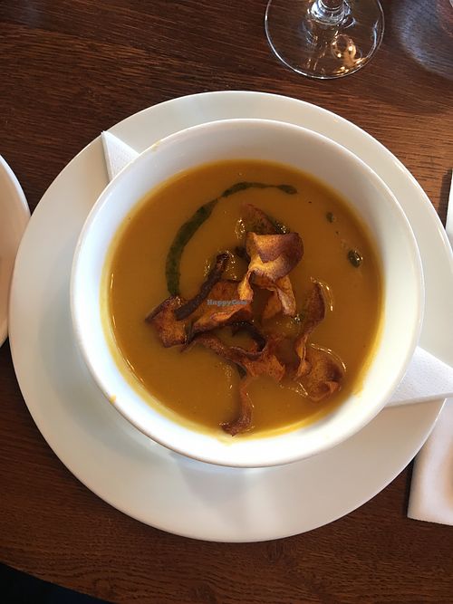 Vegan menu: pumpkin and chilli soup at Rooftop Restaurant and Bar - Royal Shakespeare Company in Stratford-upon-avon