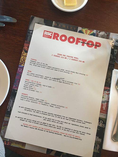 May 2018 vegan pre theatre menu  at Rooftop Restaurant and Bar - Royal Shakespeare Company in Stratford-upon-avon