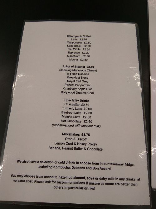 Drinks menu at The Herbivore Kitchen in Edinburgh