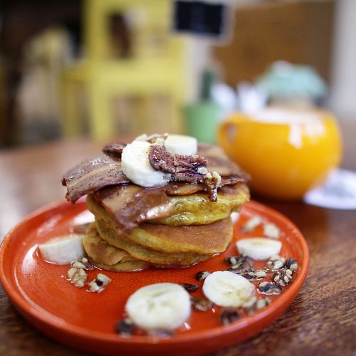 Pumpkin, maple and pecan pancakes  at The Herbivore Kitchen in Edinburgh