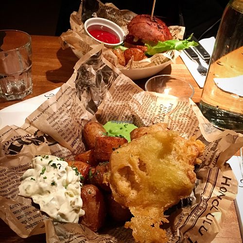 Vegan fish & chips. at Tenho Restobar in Helsinki