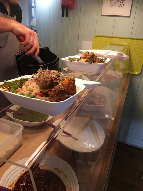 salad, sauce and two types of falafel  at Leaf in Hay-on-wye