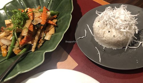 Coconut rice with a stir fry at Ummarin Thai in Randwick