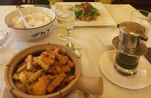 Rau Muống Xào Tỏi, 
Đậu Phụ Xào Rau, 
Vietnamese coffee at Bun Bo Hue in Stockholm