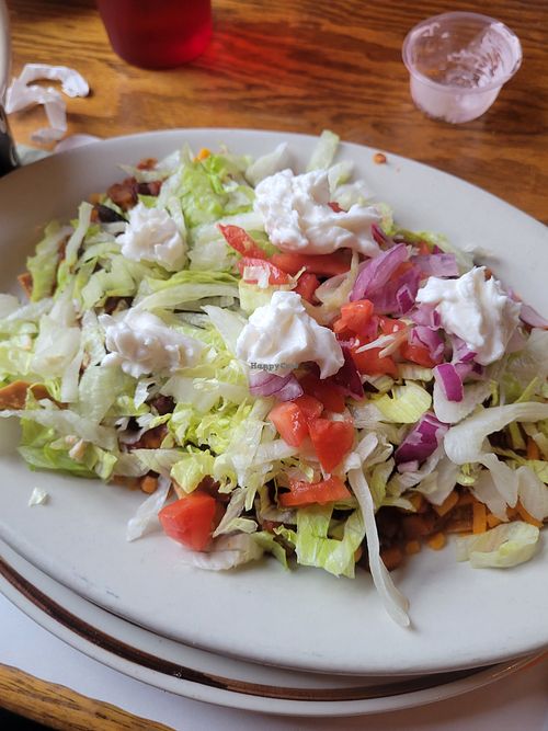 Chili on homemade fried tortilla chips with toppings. at Angel's Cafe in Stroudsburg