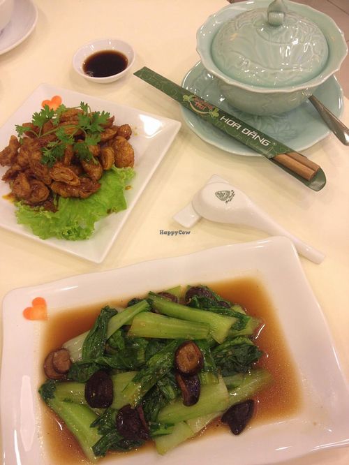 Gluten in coconut water (sounds weird, tastes delicious) and pak choi with black mushrooms. at Loving Hut - Hoa Dang in Ho Chi Minh City
