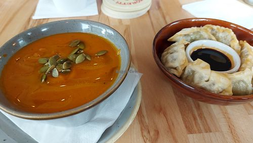 Pumpkin soup and vegetable gyoza at The Lighthouse in Oxford