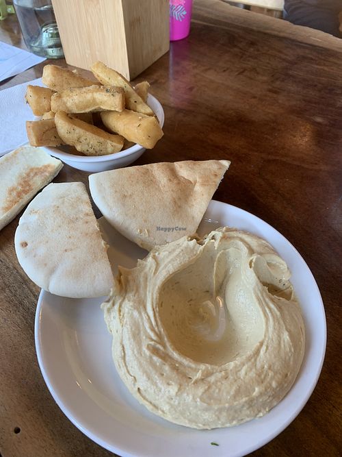 Kids hummus pita and fries   at Chickpea Restaurant in Vancouver
