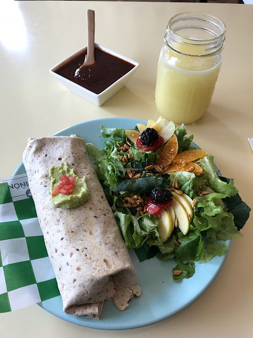 Chorizo/queso burrito with salsa and coco-pina agua del dia.  DELICIOUS! at Patio Champinon in Toluca