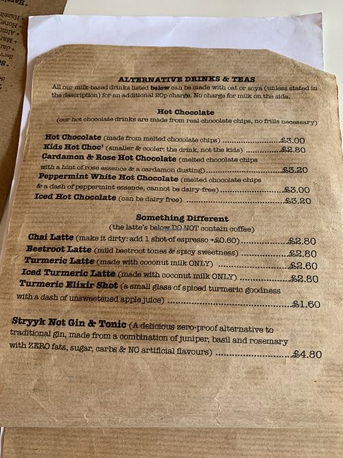 Drink menu (teas also available) at The Green Wood Café in Telford