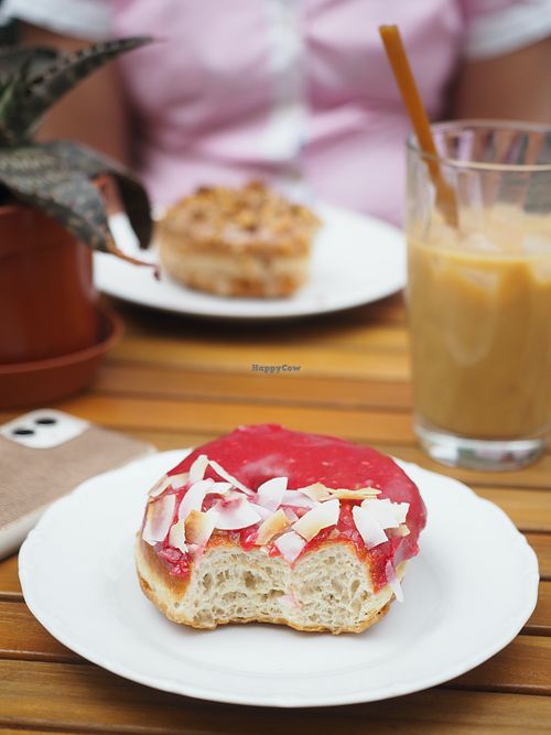 Vegan coconut raspberry donut at Donut Shop in Prague