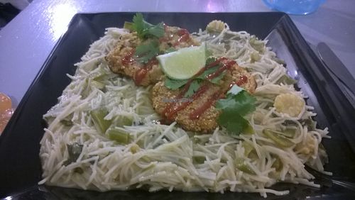 Thai noodles and crabby cake at Basement Snaxx in Newcastle Upon Tyne