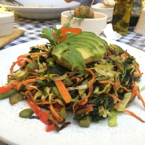 Asked for something vegan with avocado and asparagus and the side "freshly boiled potatoes", got this great stir fry with balsamic. at Restaurant Wonder in Rhodes