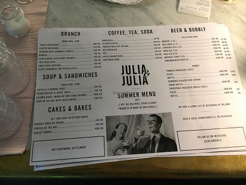 menu (summer 2017) at Julia & Julia in Reykjavik