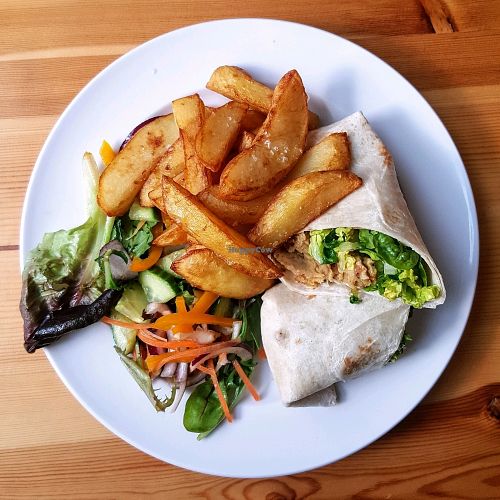Seitan chicken-style wrap with chunky chips at Vegan All Sorts in Saltaire