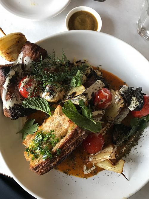 King Oyster Mushroom Kabobs with Rice Pilaf and Carrot Purée  at Elf Cafe in Los Angeles