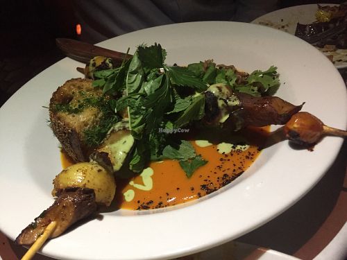 Kabobs w/Spicy Carrot Purée  at Elf Cafe in Los Angeles