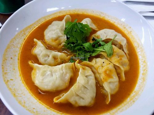Veggie dumplings in spicy sauce at Momo Ghar in Columbus