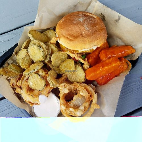 Burger, onion rings, pickle chips, and buffalo tempeh tenders at E Burger in Columbus