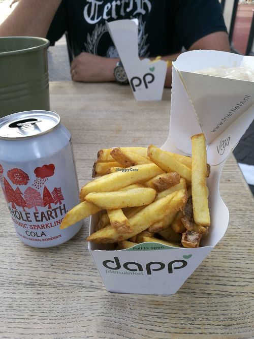 Fries with vegan mayo and organic Whole Earth cola at Dapp Frietwinkel in Zwolle