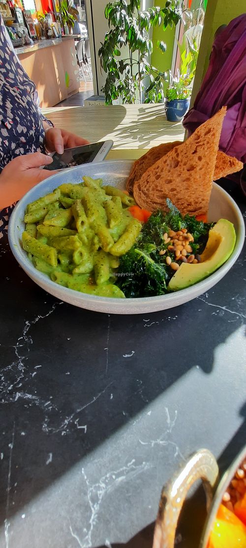 Pasta, kale sourdough bread at Buddha Bowl Cafe in Newtown