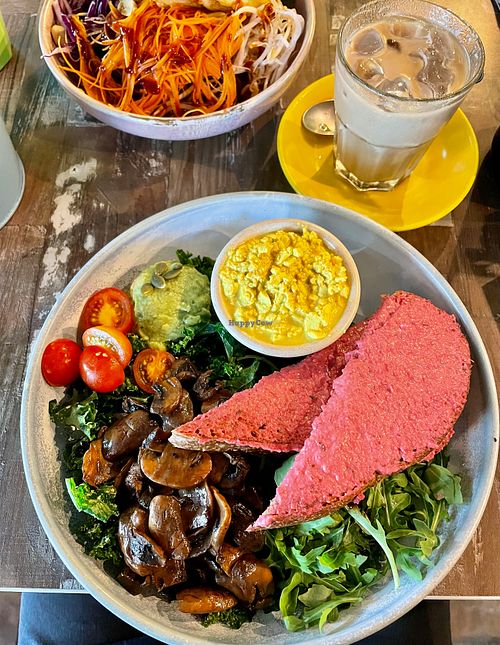 Sourdough toast, mushrooms and scrambled tofu.  at Buddha Bowl Cafe in Newtown