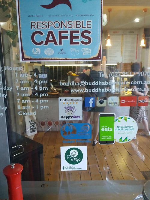 Note HC sticker at Buddha Bowl Cafe in Newtown