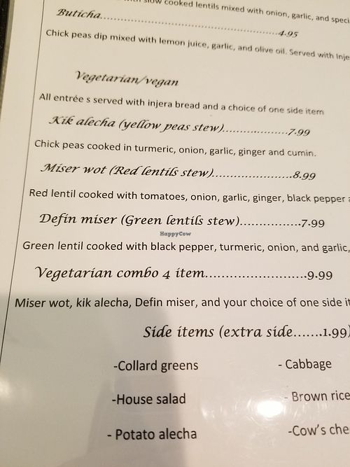 Menu at Taste of Ethiopia in Greensboro