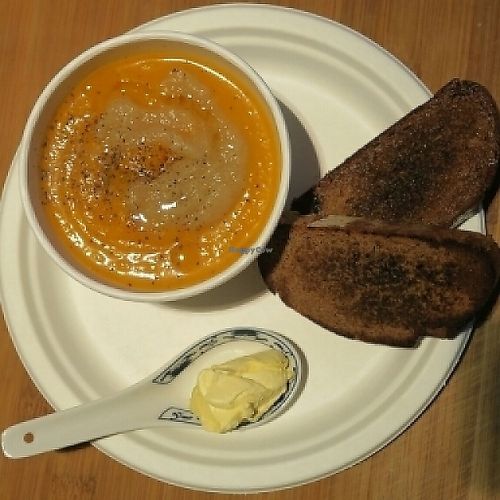 butternut squash soup with onion cream and pumpernickel bread with vegan butter at Veginity in Dublin
