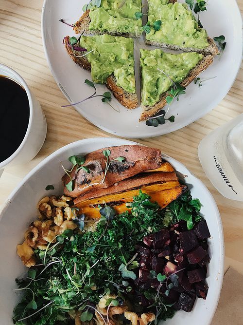 Macro bowl and avo toast at The Granola Bar in Westport