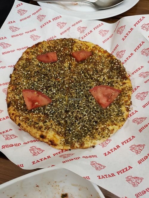 Fatayer matbukh (zaatar pizza with tomato) at Zatar Pizza in Yerevan