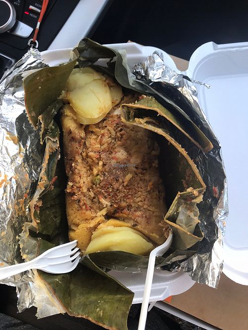 Huge Tamal. Full of rice, vegan chicken, potatoes, etc at The Happy Vegan Bakers in Hialeah